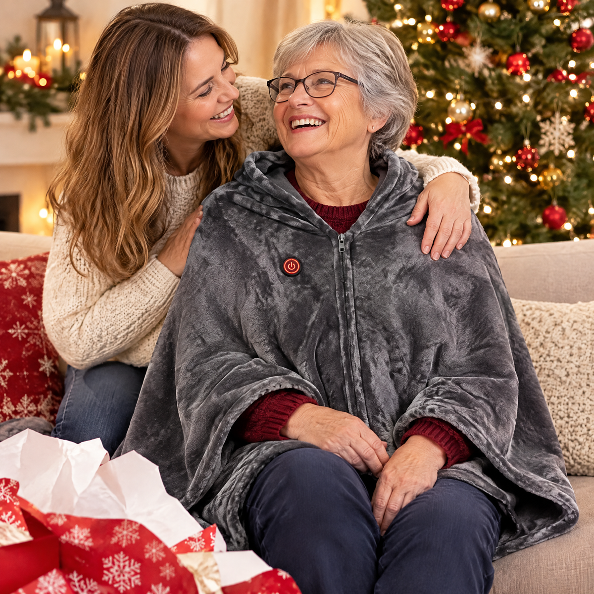 Tochter schenkt ihrer Mutter den Heiz-Umhang zu Weihnachten